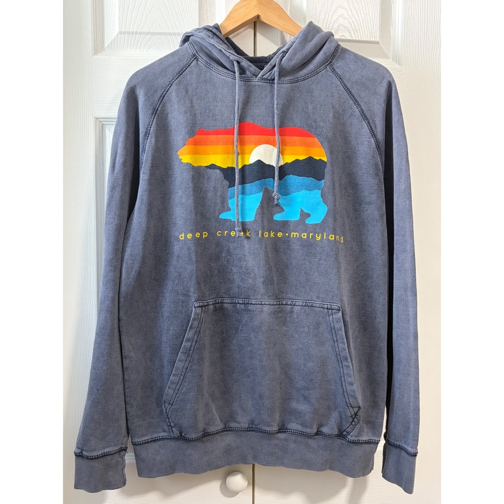 Duck Co Deep Creek Lake Maryland Bear Sunset Hoodie Blue Raglan Sweatshirt Sz M
